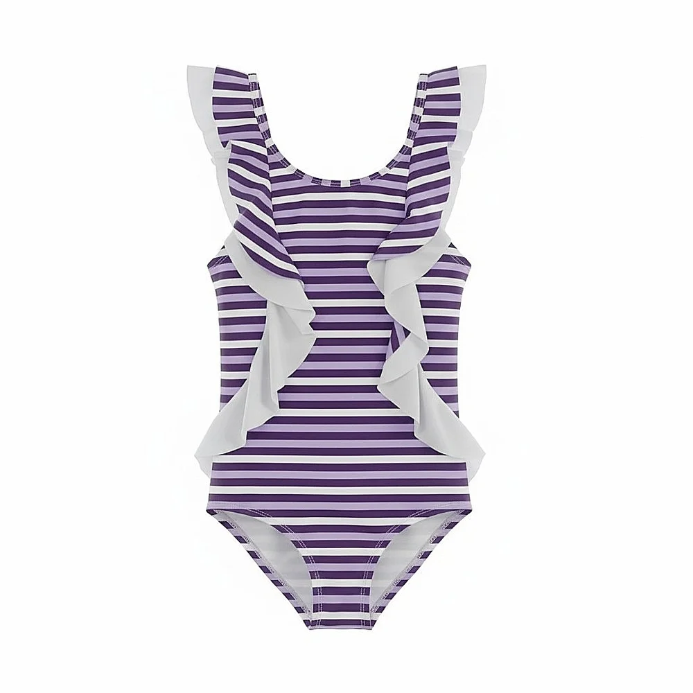 NWT! Dot Dot Smile Girls' Purple Stripe Ruffle One-Piece Swimsuit